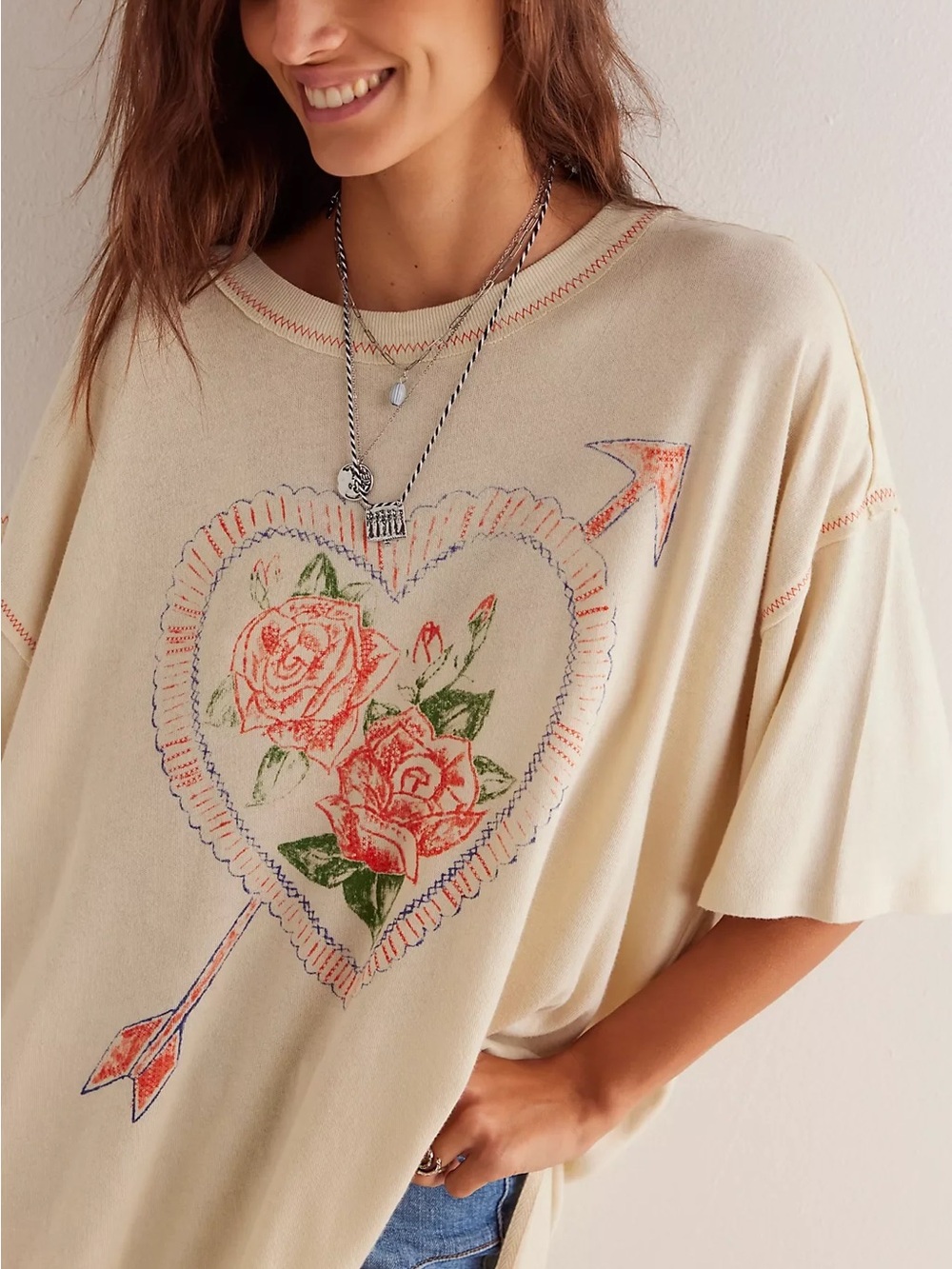 NWT Free People We The Free “Love Rose” Ivory Oversized Graphic Tee-Size Medium